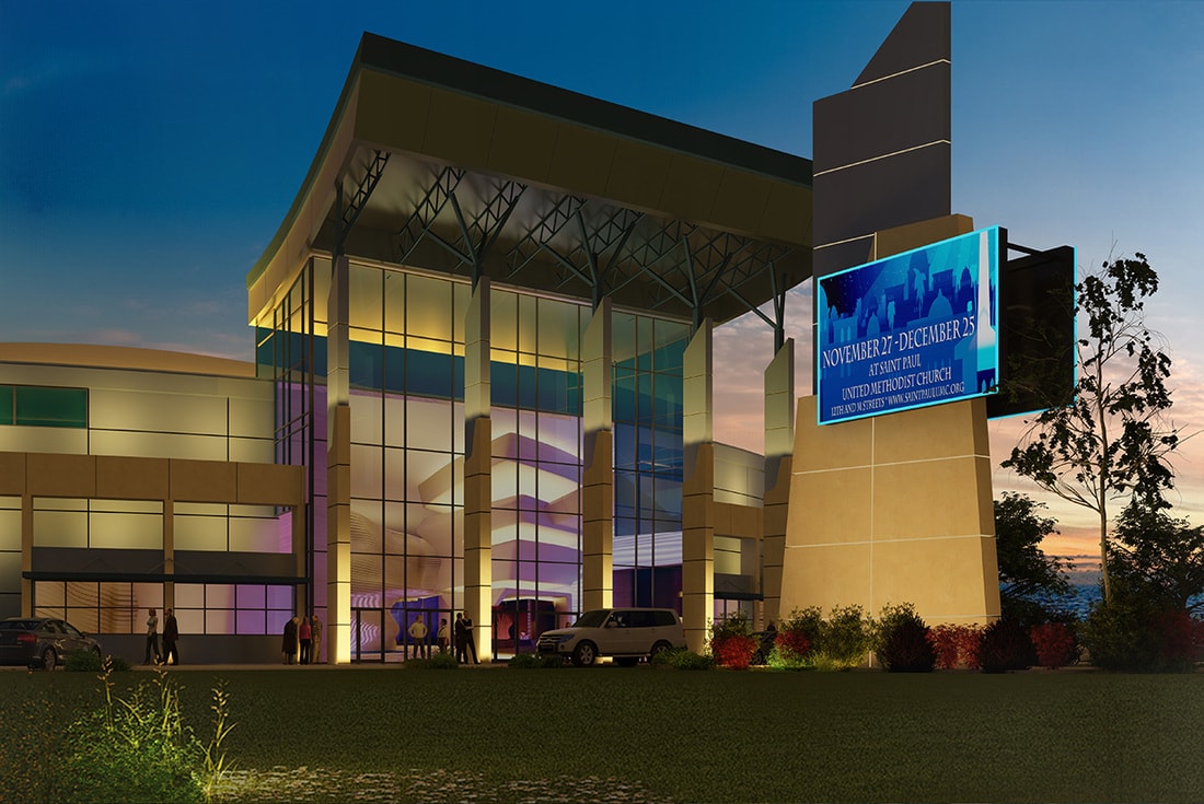 Architectural rendering of modern church building with glass facade and digital signage at night